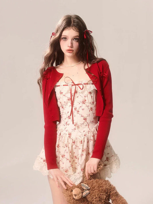 Floral Camisole Dress with Red Coat