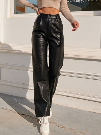 Women's Faux Leather Elastic Waist Cargo Pants - LevelUp Fashion