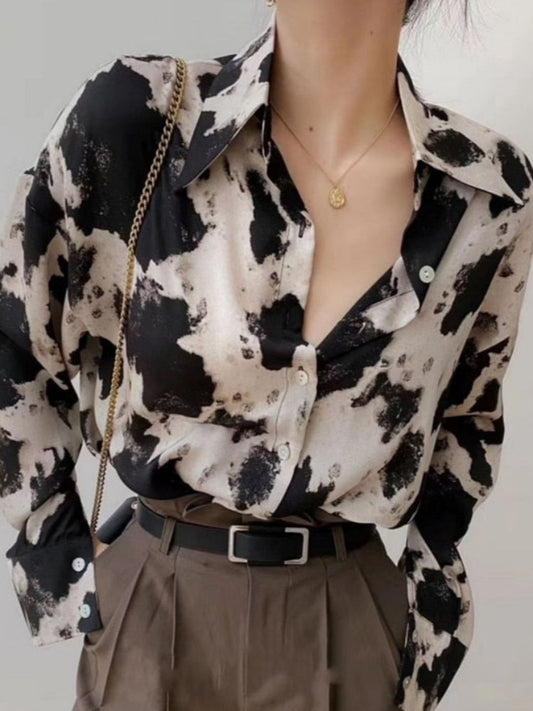 Women Long Sleeve Cow Print Blouse - LevelUp Fashion